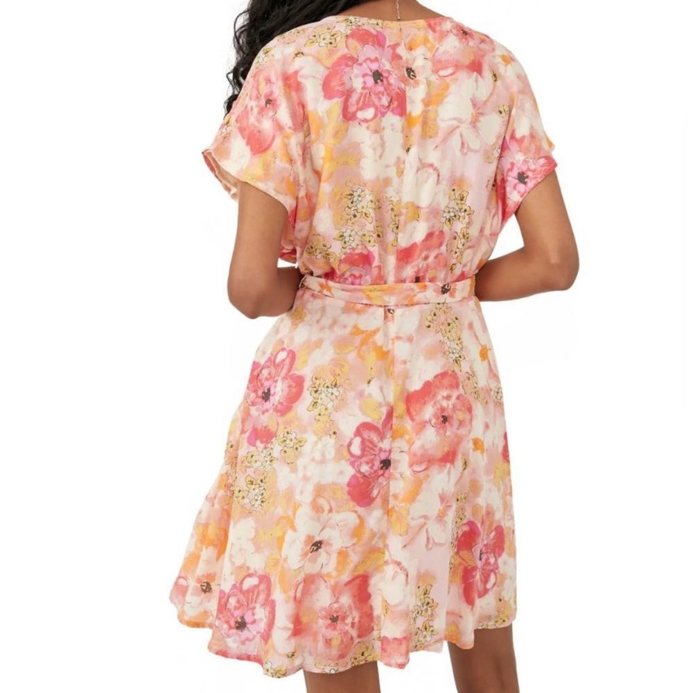 FREE PEOPLE Freddy Tie Waist Minidress Watercolor Floral Print Pink Women’s XS - Picture 4 of 10